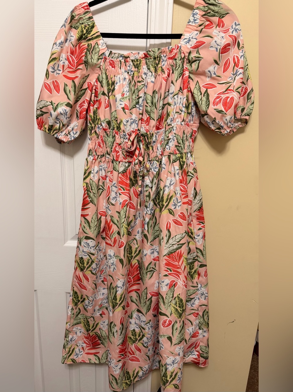 Floral Puff Sleeve Midi Dress in Peach and Green